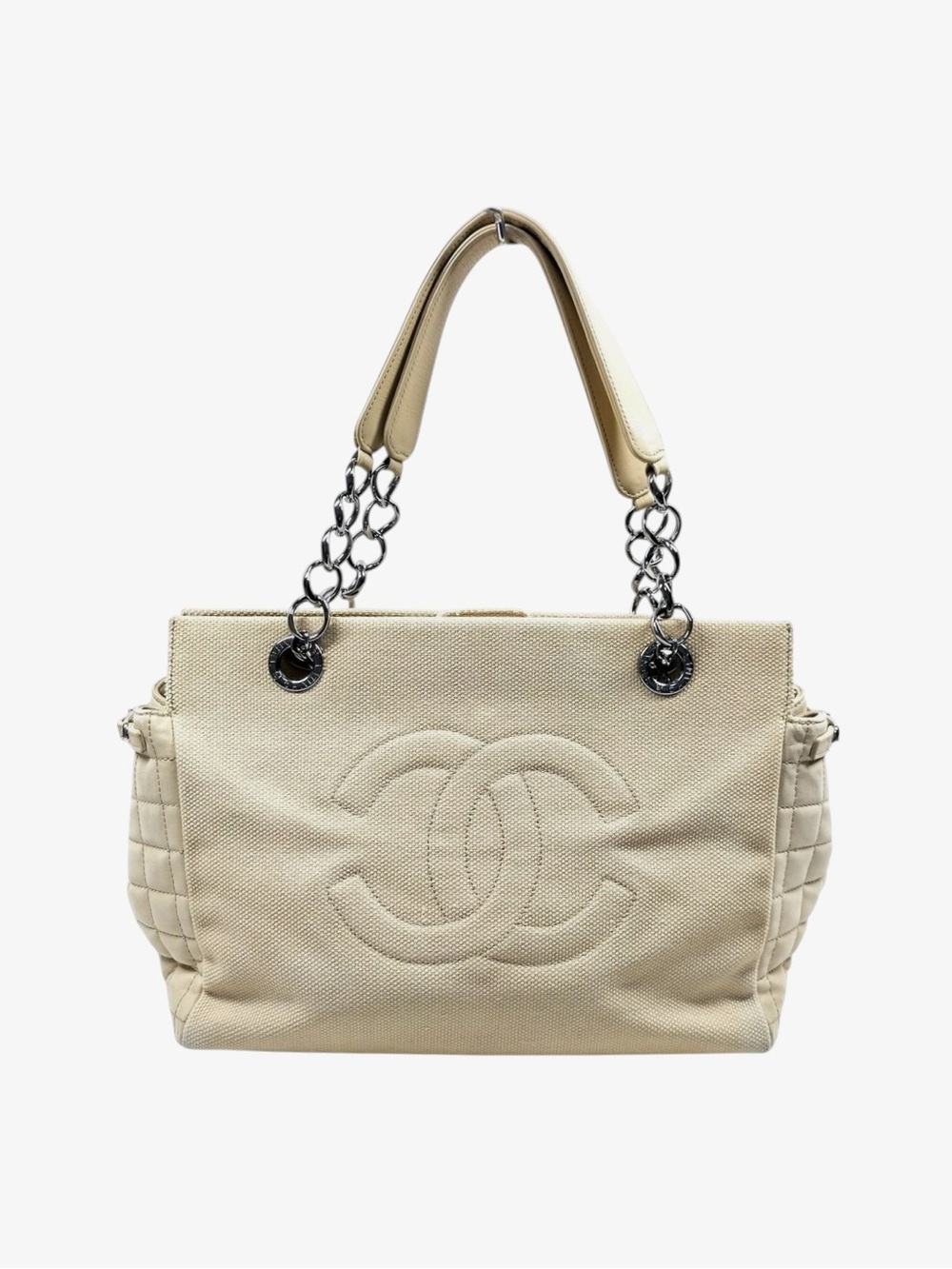 CHANEL Cream Quilted Leather Chocolate Bar Cabas Net & Canvas Shoulder Tote Bag